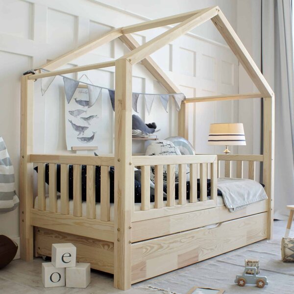 Κρεβάτι Παιδικό Montessori House Bed Plus με κάγκελα & Συρτάρι Ύπνου σε Φυσικό Ξύλο 90×190cm