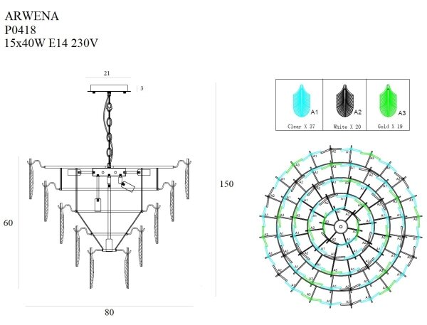 MAXLIGHT P0418 - Κρεμαστό φωτιστικό οροφής ARWENA 15xE14/40W/230V διάμετρος 80 cm χρυσό