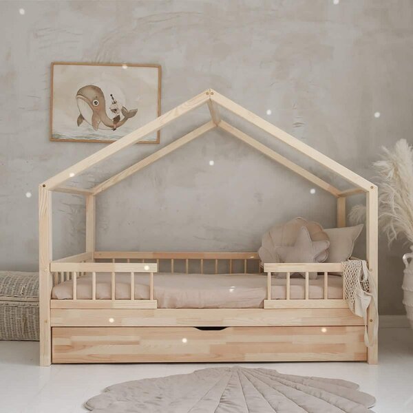 Κρεβάτι Παιδικό Montessori HouseBed Bello Duo Plus με Αφαιρούμενα Κάγκελα 23cm & Συρτάρι σε Φυσικό