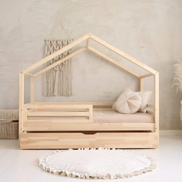 Κρεβάτι Παιδικό Montessori HouseBed Fello Plus με Αφαιρούμενα Κάγκελα 23cm & Συρτάρι σε Φυσικό