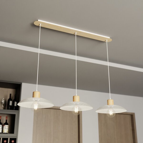 EMIBIG LIGHTING Kobe κρεμαστό φωτιστικό, τριών φώτων, ατσάλι, ξύλο, λευκό, ρυθμιζόμενος, Λευκό, Σαλόνι / τραπεζαρία, Μέταλλο