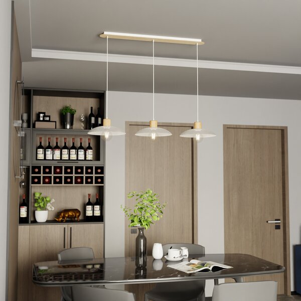 EMIBIG LIGHTING Kobe κρεμαστό φωτιστικό, τριών φώτων, ατσάλι, ξύλο, λευκό, ρυθμιζόμενος, Λευκό, Σαλόνι / τραπεζαρία, Μέταλλο