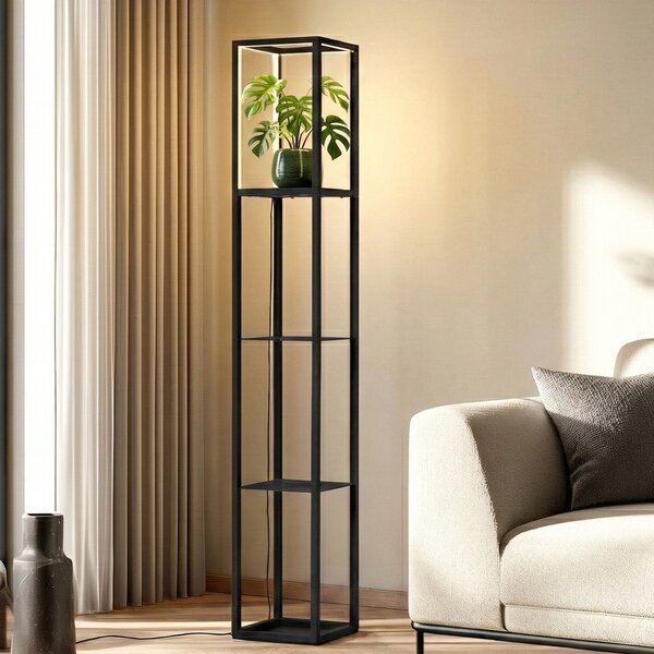 Lindby LED-Stehleuchte Birta, ράφι, 155 cm, μαύρο, μέταλλο, ρυθμιζόμενος, Μαύρο, Σαλόνι / τραπεζαρία, Μέταλλο, σύγχρονο