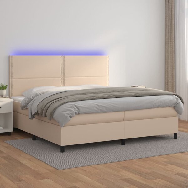 VidaXL Κρεβάτι Boxspring Στρώμα&LED Καπουτσίνο 200x200 εκ. Συνθ. Δέρμα