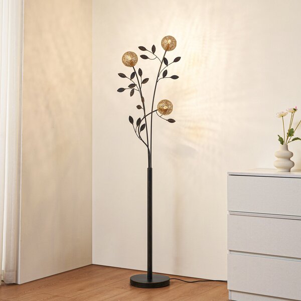 Lucande Evory φωτιστικό δαπέδου, 160 cm, 3-φωτιστικό, μαύρο/χρυσό, G9, Μαύρο, Σαλόνι / τραπεζαρία, Μέταλλο, Φλωρεντινή