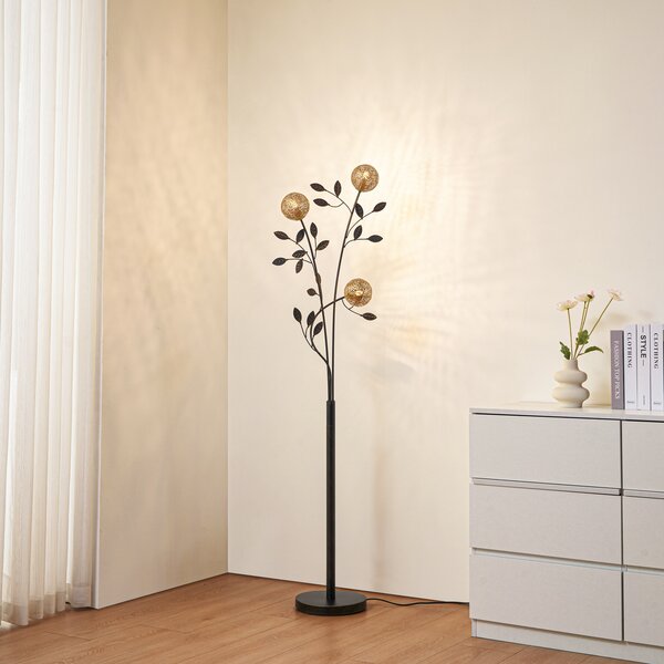 Lucande Evory φωτιστικό δαπέδου, 160 cm, 3-φωτιστικό, μαύρο/χρυσό, G9, Μαύρο, Σαλόνι / τραπεζαρία, Μέταλλο, Φλωρεντινή