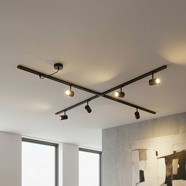 Lindby Σύστημα ράγας Linaro, GU10, 6 φτερά, μαύρο, σχήμα Χ, Μαύρο, Σαλόνι / τραπεζαρία, Αλουμίνιο, σύγχρονο