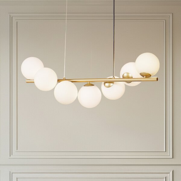 Lucande κρεμαστό φωτιστικό Isandro, 95 cm, χρυσό, λευκό, 7-light, G9, ρυθμιζόμενος, Χρυσό / Ορείχαλκου, Σαλόνι / τραπεζαρία, Γυαλί, σχεδιασμός