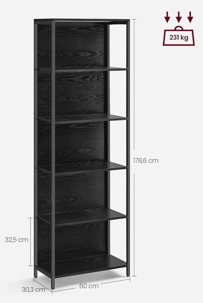 Βιβλιοθήκη με φωτισμό LED Vasagle, Μαύρο, 60x30.3x178 cm