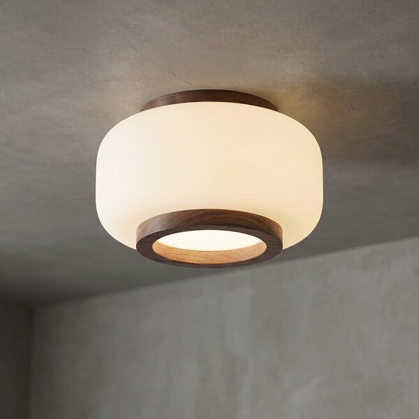 Quitani Φωτιστικό οροφής LED Shiro, Ø 28 cm, ξύλο/γυαλί, CCT, ρυθμιζόμενος, Λευκό, Σαλόνι / τραπεζαρία, Γυαλί, σχεδιασμός