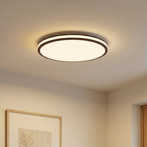 Lindby Φωτιστικό οροφής LED Emiva, Ø 50 cm, σκούρο ξύλο, CCT, ρυθμιζόμενος, Ξύλου, Σαλόνι / τραπεζαρία, Ξύλο, σύγχρονο