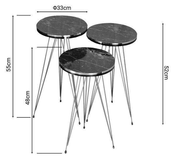 Βοηθητικά τραπέζια Wakmi pakoworld σετ 3τεμ μαύρο μαρμάρου μελαμίνης-χρυσό μέταλλο