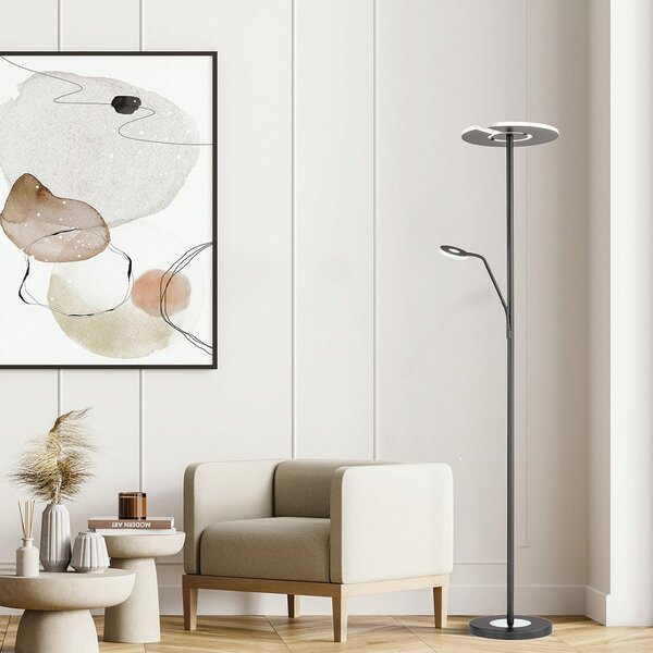 FISCHER & HONSEL Φωτιστικό δαπέδου LED Dent, μαύρο, 180 cm, CCT, 2-φωτισμός, ρυθμιζόμενος, Μαύρο, Σαλόνι / τραπεζαρία, Μέταλλο, σύγχρονο, Φως ανάγνωσης