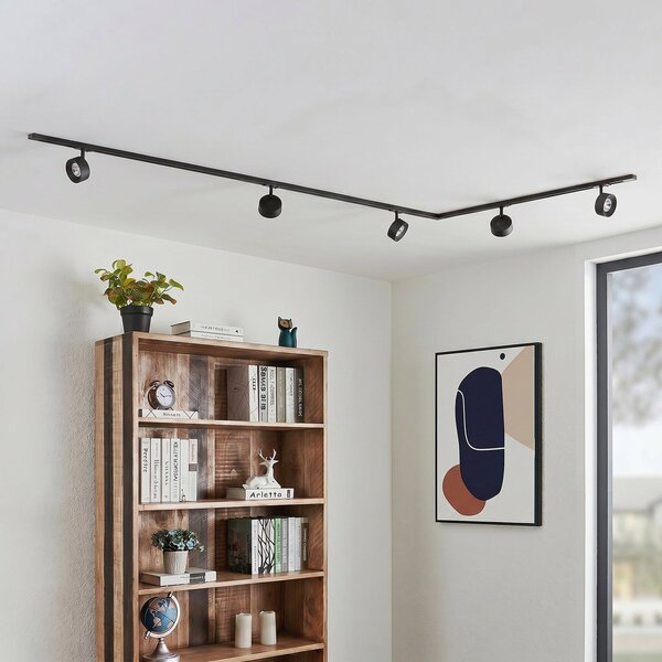 Lindby Σύστημα ράγας Linaro, Ø 9,5 cm, 5 φτερά, LED, μαύρο, Μαύρο, Μελέτη / Γραφείο, Μέταλλο, σύγχρονο