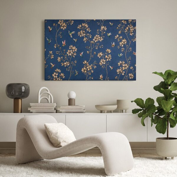 Πίνακας σε καμβά κολιμπρί ανάμεσα σε χρυσά λουλούδια