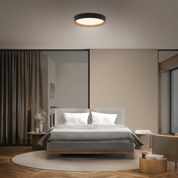 OSRAM Φωτιστικό οροφής LED ORBIS LARIOS, μαύρο/ξύλο, Ø 39 cm, με ρυθμιστή, ρυθμιζόμενος, Μαύρο, Σαλόνι / τραπεζαρία, Μέταλλο, σύγχρονο