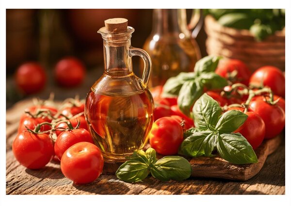 Πίνακας σε καμβά ντομάτες, βασιλικός και ελαιόλαδο