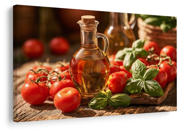Πίνακας σε καμβά ντομάτες, βασιλικός και ελαιόλαδο