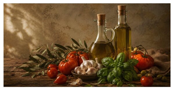 Πίνακας σε καμβά ρουστίκ σύνθεση με ντομάτες και βασιλικό