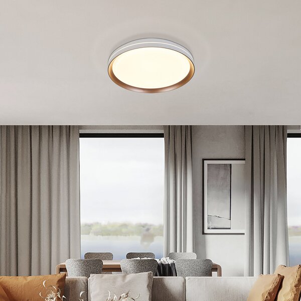Searchlight Φωτιστικό οροφής LED Saucer, λευκό/ξύλινο, Ø 39 cm, σίδερο/ακρυλικό, ρυθμιζόμενος, Λευκό, Σαλόνι / τραπεζαρία, Μέταλλο, σύγχρονο