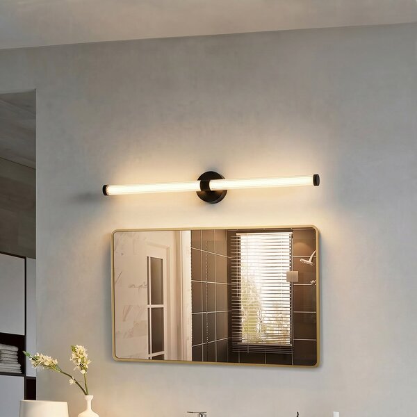 Lucande LED απλίκα Melisa, μαύρο, 90 cm, CCT, IP44, Μαύρο, Μπάνιο, Γυαλί, σύγχρονο