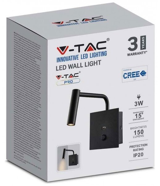 Επιτοίχιο Φωτιστικό LED Κρεβατοκάμαρας 3W 230V 15° 150lm IP20 με Διακόπτη & Θύρα USB Θερμό Λευκό Μαύρο 211487 VTAC 211487 Μαύρο