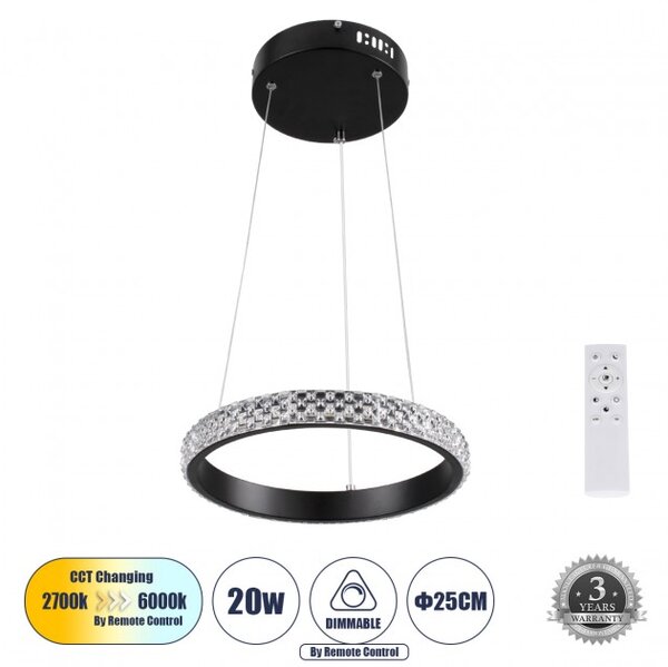 Κρεμαστό Φωτιστικό Οροφής LED 20W 2356lm DIAMOND Globostar 61126 Μαύρο