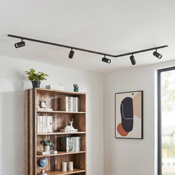 Lindby Σύστημα ράγας Linaro Ø7cm, 5 φτερά, LED, μαύρο, CCT, ρυθμιζόμενος, Μαύρο, Μελέτη / Γραφείο, Μέταλλο, σύγχρονο