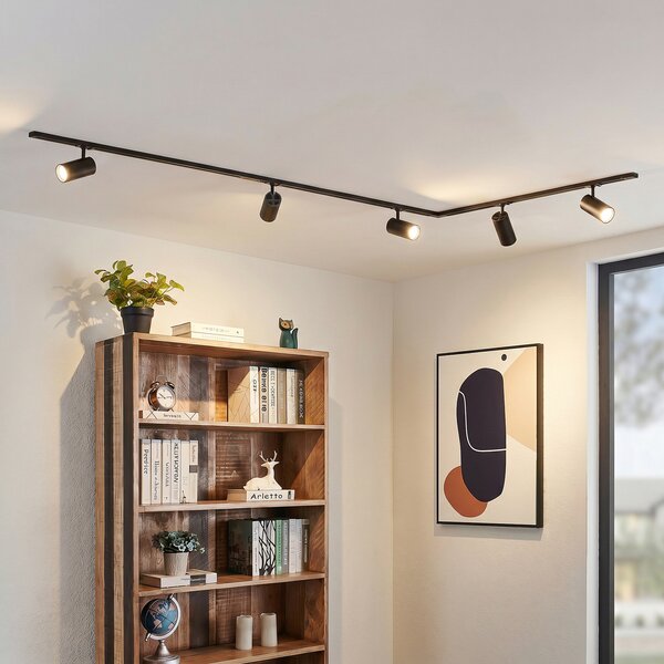 Lindby Σύστημα ράγας Linaro Ø7cm, 5 φτερά, LED, μαύρο, CCT, ρυθμιζόμενος, Μαύρο, Μελέτη / Γραφείο, Μέταλλο, σύγχρονο