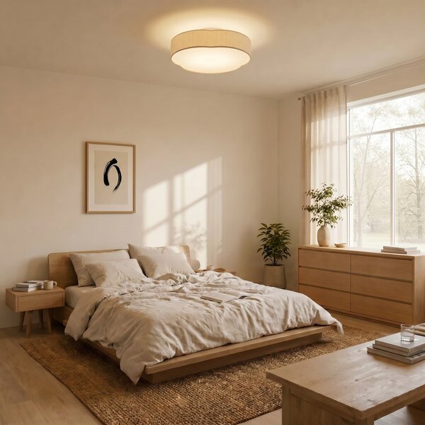 Lindby Φωτιστικό οροφής LED Winona, με κορδόνι, 48 εκ., κρεμ, CCT, ρυθμιζόμενος, Μπεζ, Σαλόνι / τραπεζαρία, Ύφασμα / Κλωστοϋφαντουργία