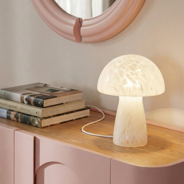 Lindby Επιτραπέζιο φωτιστικό Hubi, λευκό, γυαλί, Ø 22 cm, σχήμα μανιταριού, Λευκό, Σαλόνι / τραπεζαρία, Γυαλί, σύγχρονο