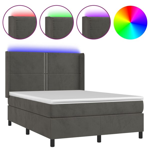 VidaXL Κρεβάτι Boxspring με Στρώμα & LED Σκ. Γκρι 140x190εκ. Βελούδινο