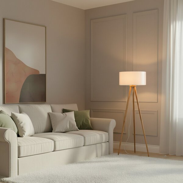 Lindby Φωτιστικό δαπέδου Charlia, λευκό, ξύλο, ύψος 150cm, Λευκό, Σαλόνι / τραπεζαρία, Ύφασμα / Κλωστοϋφαντουργία, Σκανδιναβικό, Τρίποδο