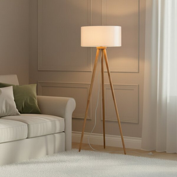 Lindby Φωτιστικό δαπέδου Charlia, λευκό, ξύλο, ύψος 150cm, Λευκό, Σαλόνι / τραπεζαρία, Ύφασμα / Κλωστοϋφαντουργία, Σκανδιναβικό, Τρίποδο