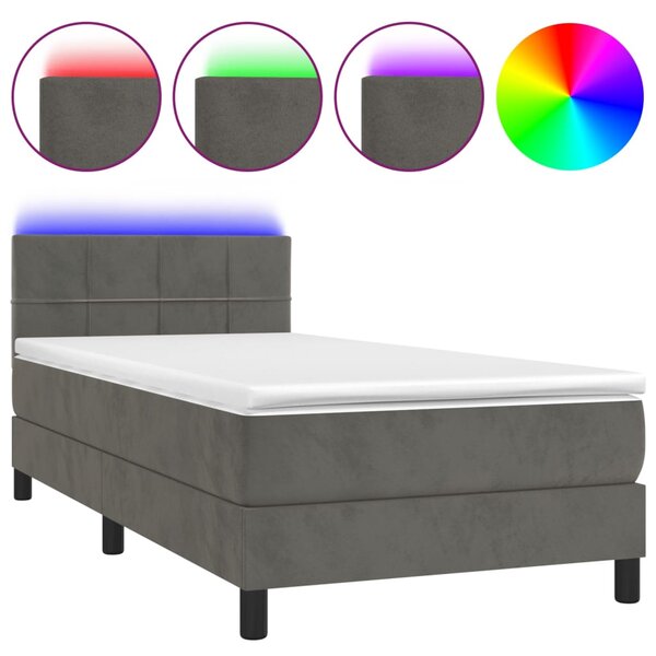 VidaXL Κρεβάτι Boxspring με Στρώμα & LED Σκ. Γκρι 100x200εκ. Βελούδινο