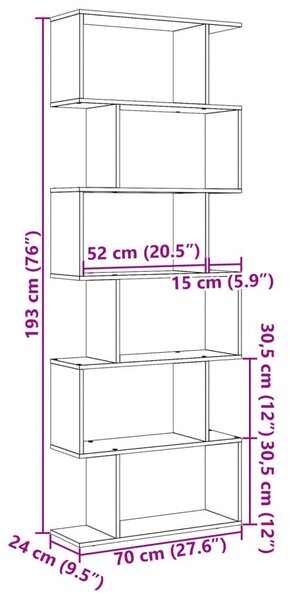 Βιβλιοθήκη/Διαχωριστικό Χώρου 6 Επ. Δρυς 70x24x193εκ. Επ. Ξύλο - Καφέ