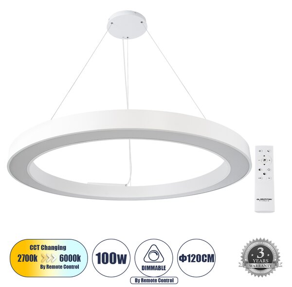 GloboStar® RA 61199 Κρεμαστό Φωτιστικό Δαχτυλίδι-Κύκλος LED CCT 100W 11020lm 120° AC 220-240V - Εναλλαγή Φωτισμού μέσω Τηλεχειριστηρίου All In One Ψυχρό 6000k+Φυσικό 4500k+Θερμό 2700k Dimmable Φ120cm - Λευκό - 3 Years Warranty