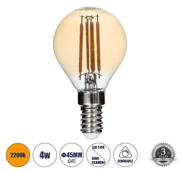 GloboStar® 99033 Λάμπα LED Long Filament E14 G45 Γλομπάκι 4W 350lm 360° AC 220-240V IP20 Φ4.5 x Υ7.5cm Ultra Θερμό Λευκό 2200K με Μελί Γυαλί - Dimmable - 3 Years Warranty