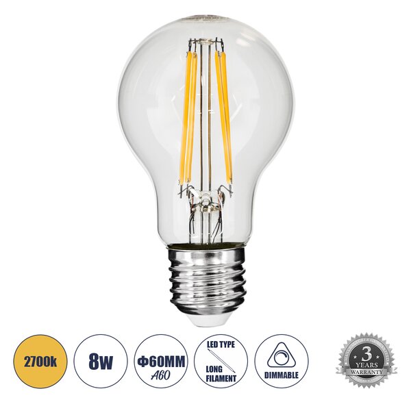 GloboStar® 99007 Λάμπα LED Long Filament E27 A60 Γλόμπος 8W 800lm 360° AC 220-240V IP20 Φ6 x Υ10.5cm Θερμό Λευκό 2700K με Διάφανο Γυαλί - Dimmable - 3 Χρόνια Εγγύηση