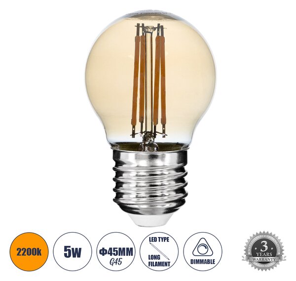 GloboStar® 99035 Λάμπα LED Long Filament E27 G45 Γλομπάκι 5W 450lm 360° AC 220-240V IP20 Φ4.5 x Υ7.5cm Ultra Θερμό Λευκό 2200K με Μελί Γυαλί - Dimmable - 3 Years Warranty