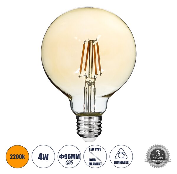 GloboStar® 99039 LED Long Filament Bulb E27 G95 Globe 4W 350lm 360° AC 220-240V IP20 D9.5 x H13.5cm Ultra Θερμό Λευκό 2200K με Μελί Γυαλί - Dimmable - 3 Years Warranty