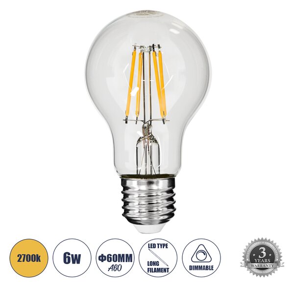 GloboStar® 99006 Λάμπα LED Long Filament E27 A60 Γλόμπος 6W 600lm 360° AC 220-240V IP20 Φ6 x Υ10.5cm Θερμό Λευκό 2700K με Διάφανο Γυαλί - Dimmable - 3 Χρόνια Εγγύηση