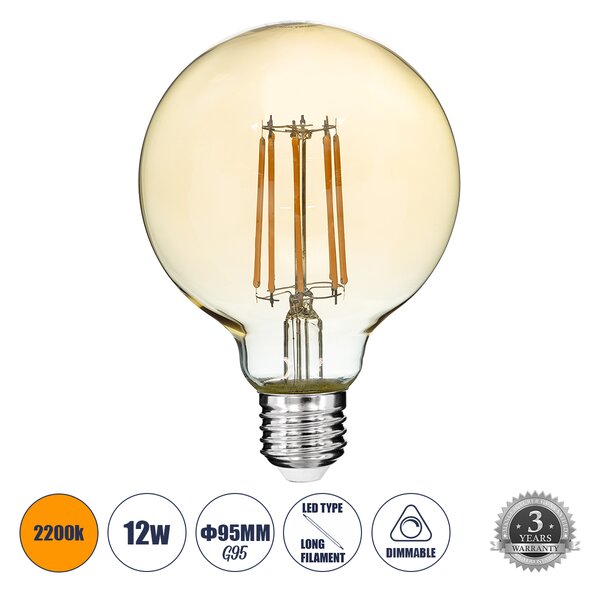 GloboStar® 99041 LED Long Filament Bulb E27 G95 Globe 12W 1080lm 360° AC 220-240V IP20 D9.5 x H13.5cm Ultra Θερμό Λευκό 2200K με Μελί Γυαλί - Dimmable - 3 Years Warranty