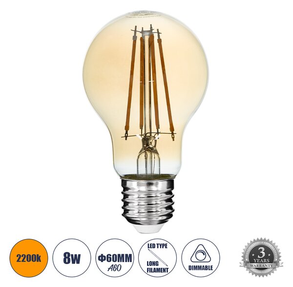 GloboStar® 99037 LED Long Filament Bulb E27 A60 Globe 8W 720lm 360° AC 220-240V IP20 D6 x H10.5cm Ultra Θερμό Λευκό 2200K με Μελί Γυαλί - Dimmable - 3 Years Warranty