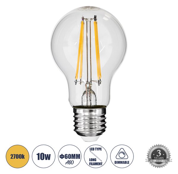 GloboStar® 99008 Λάμπα LED Long Filament E27 A60 Γλόμπος 10W 1000lm 360° AC 220-240V IP20 Φ6 x Υ10.5cm Θερμό Λευκό 2700K με Διάφανο Γυαλί - Dimmable - 3 Years Warranty