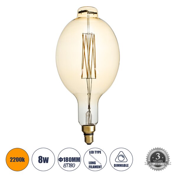 GloboStar® 99166 Λάμπα LED Long Filament E27 BT180 MANGOS Γλόμπος 8W 720lm 360° AC 220-240V IP20 Φ18 x Υ39cm Ultra Θερμό Λευκό 2200K με Μελί Γυαλί - Dimmable - 3 Χρόνια Εγγύηση