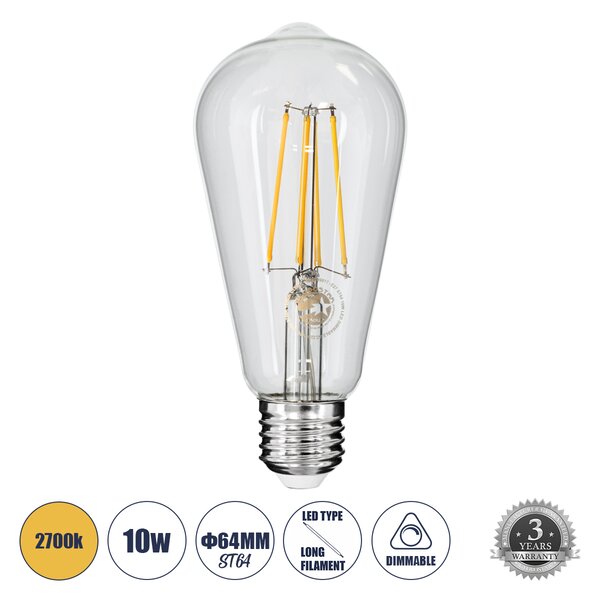 GloboStar® 99017 Λάμπα LED Long Filament E27 ST64 Αχλάδι 10W 1000lm 360° AC 220-240V IP20 Φ6.4 x Υ14cm Θερμό Λευκό 2700K με Διάφανο Γυαλί - Dimmable - 3 Years Warranty