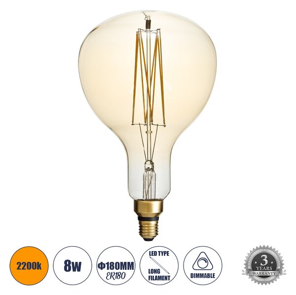 GloboStar® 99169 Λάμπα LED Long Filament E27 ER180 PAPAYAS Γλόμπος 8W 720lm 360° AC 220-240V IP20 Φ18 x Υ30cm Ultra Θερμό Λευκό 2200K με Μελί Γυαλί - Dimmable - 3 Years Warranty