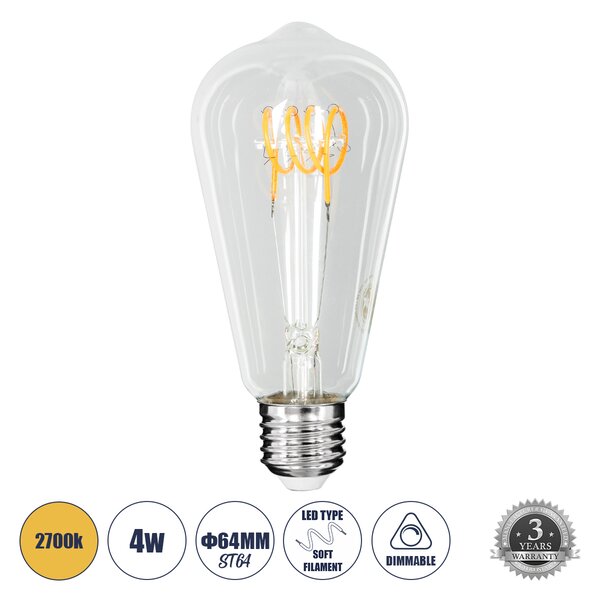 GloboStar® 99140 Λάμπα LED Soft T Spiral Filament E27 ST64 Αχλάδι 4W 300lm 360° AC 220-240V IP20 Φ6.4 x Υ14cm Θερμό Λευκό 2700K με Διάφανο Γυαλί Dimmable - 3 Χρόνια Εγγύηση