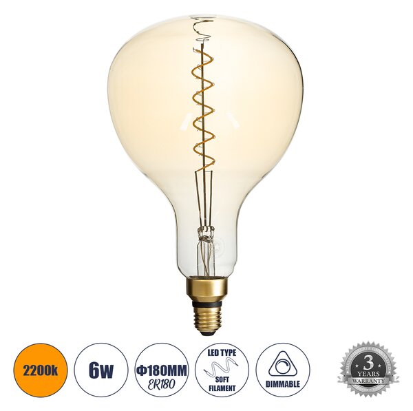 GloboStar® 99171 Λάμπα LED Soft S Spiral Filament E27 ER180 PAPAYAS Γλόμπος 6W 420lm 360° AC 220-240V IP20 Φ18 x Υ30cm Ultra Θερμό Λευκό 2200K με Μελί Γυαλί - Dimmable - 3 Years Warranty